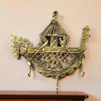 Brass Dhokra Key Hanger with Three Hooks – Peacock Boat Design