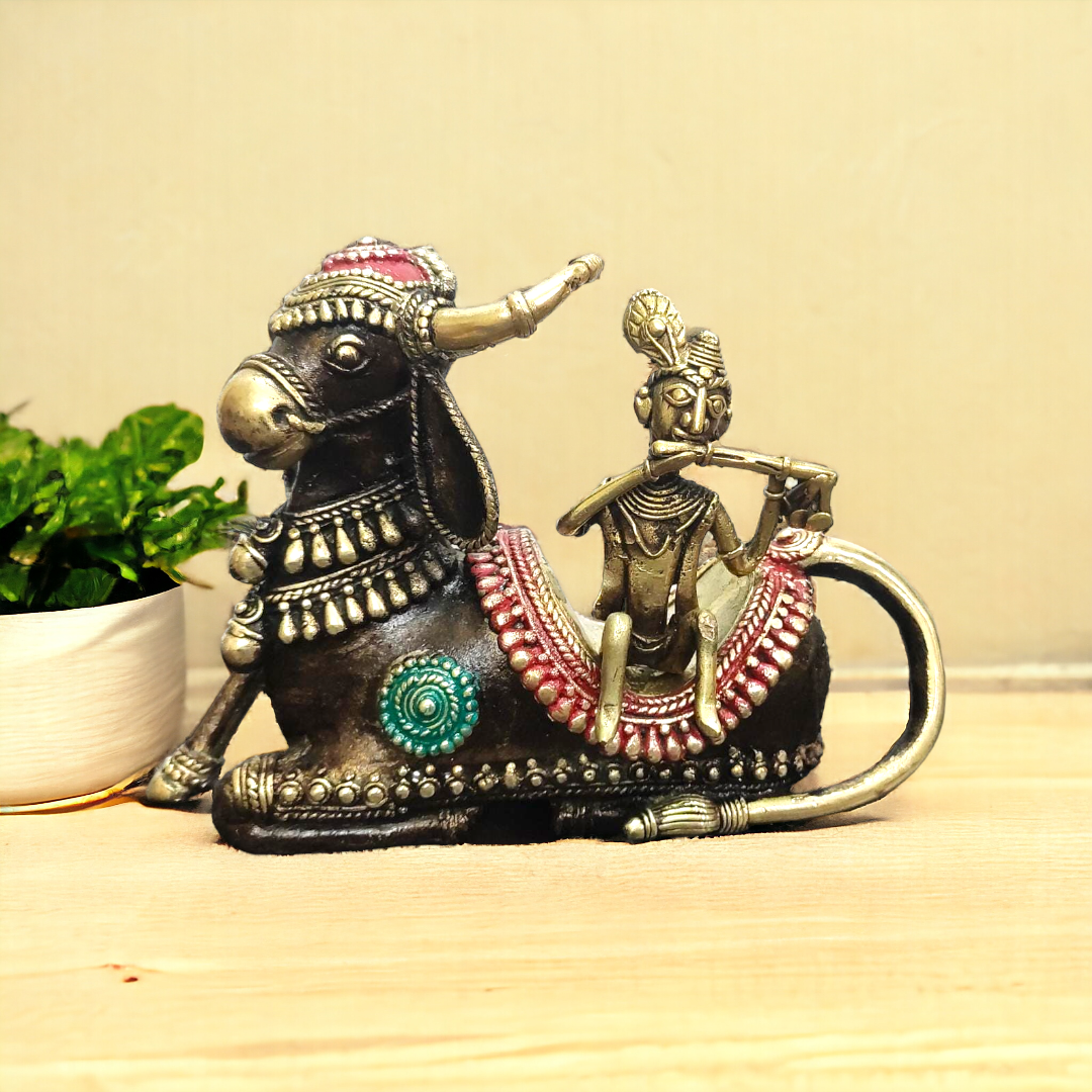 Lord Krishna Playing Flute on Nandi Dhokra Brass Statue