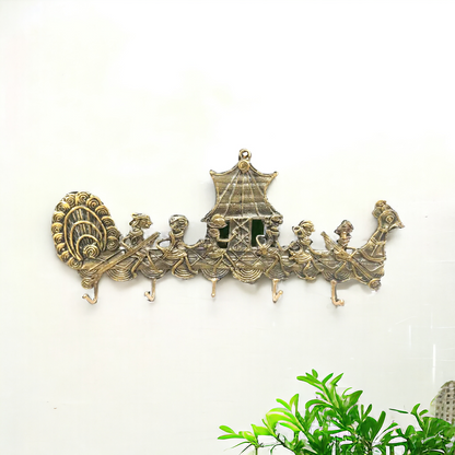 Dhokra Art Brass Wall Key Hanger - Large peacock boat