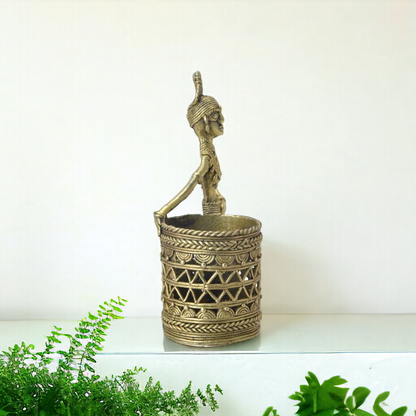 Dhokra art Brass lady pen stand
