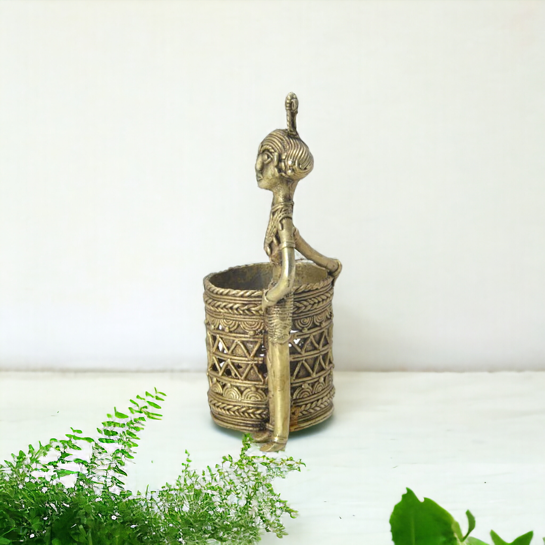 Dhokra art Brass lady pen stand
