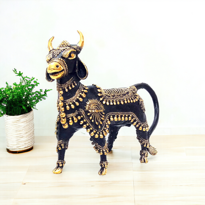 Dhokra Black & Golden Standing Nandi Bull Statue