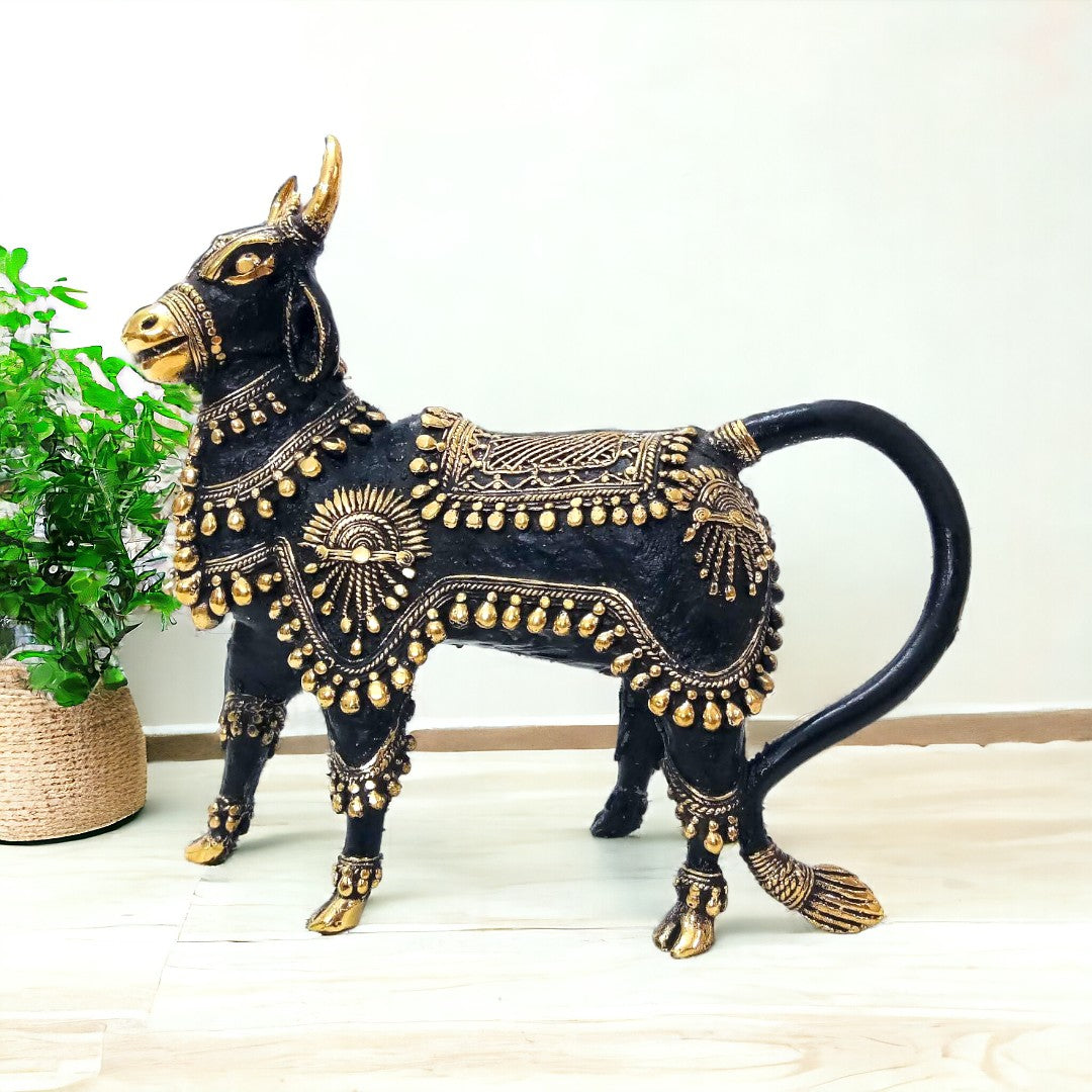 Dhokra Black & Golden Standing Nandi Bull Statue