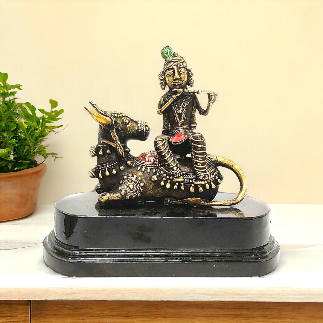 Lord Krishna Playing Flute on Nandi Dhokra Brass Statue