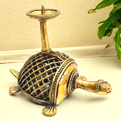 Dhokra Brass Jali Tortoise Candle Holder