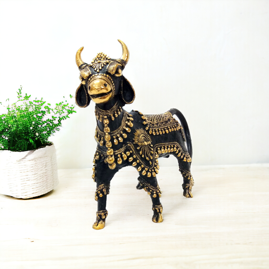 Dhokra Black & Golden Standing Nandi Bull Statue