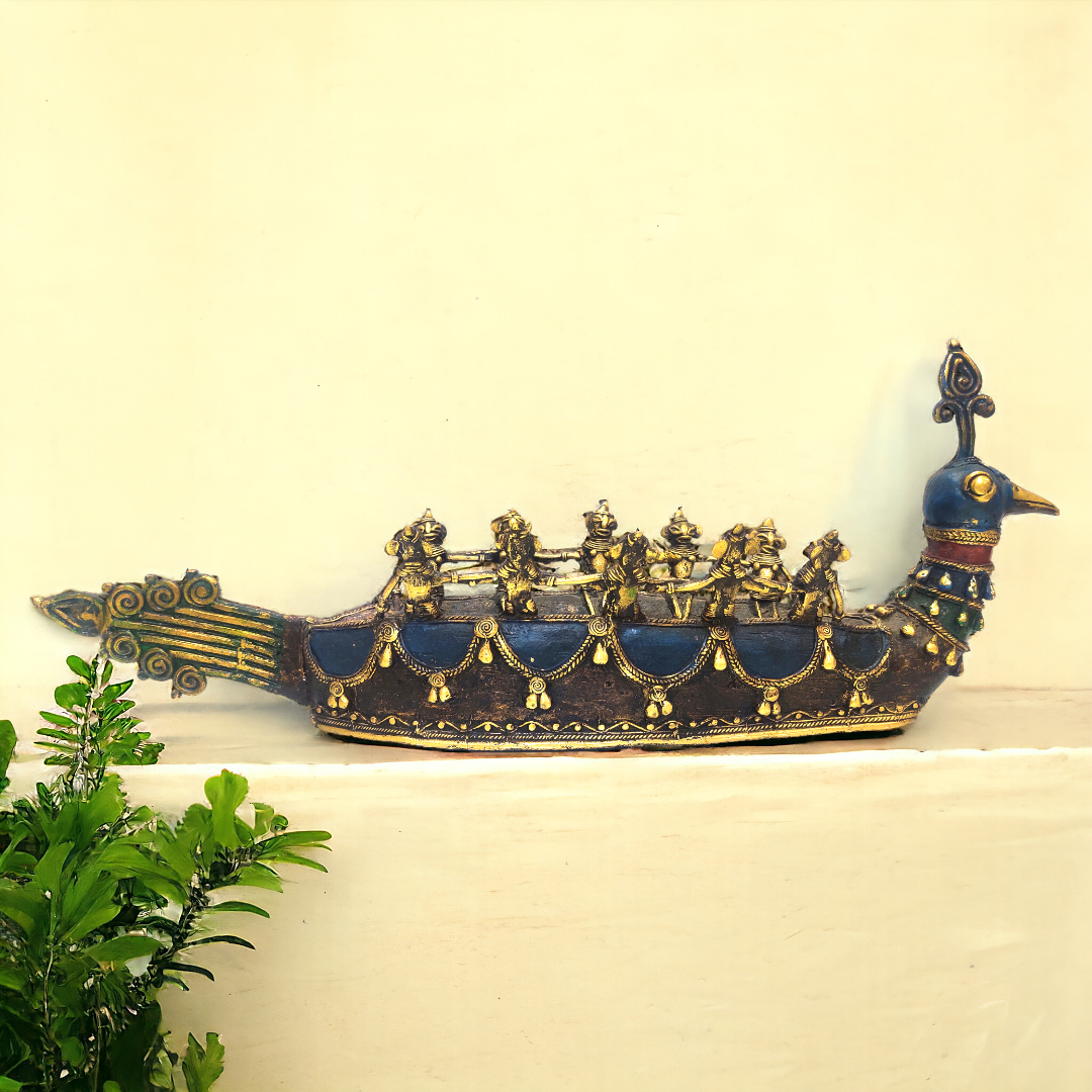 Dhokra Multicolored Brass Peacock Boat with Tribals