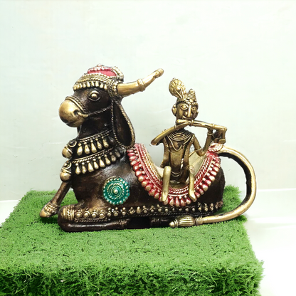 Lord Krishna Playing Flute on Nandi Dhokra Brass Statue