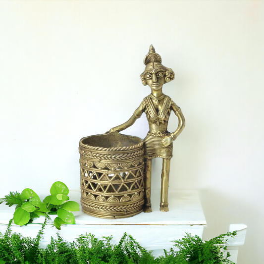 Dhokra art Brass lady pen stand