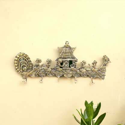 Dhokra Art Brass Wall Key Hanger - Large peacock boat