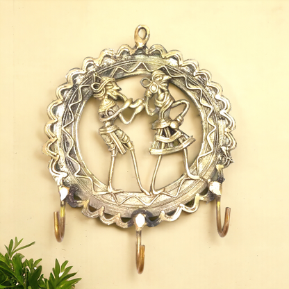 Round Brass Dhokra Key Hanger with Three Hooks