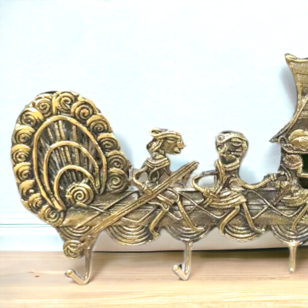 Dhokra Art Brass Wall Key Hanger - Large peacock boat