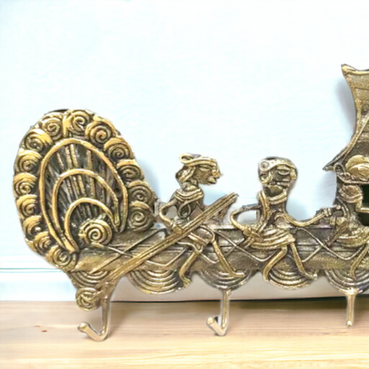 Dhokra Art Brass Wall Key Hanger - Large peacock boat