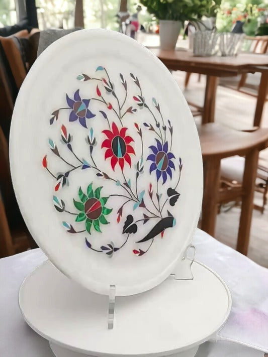 Handcrafted Floral Marble Plate – Elegant Decorative Art Piece